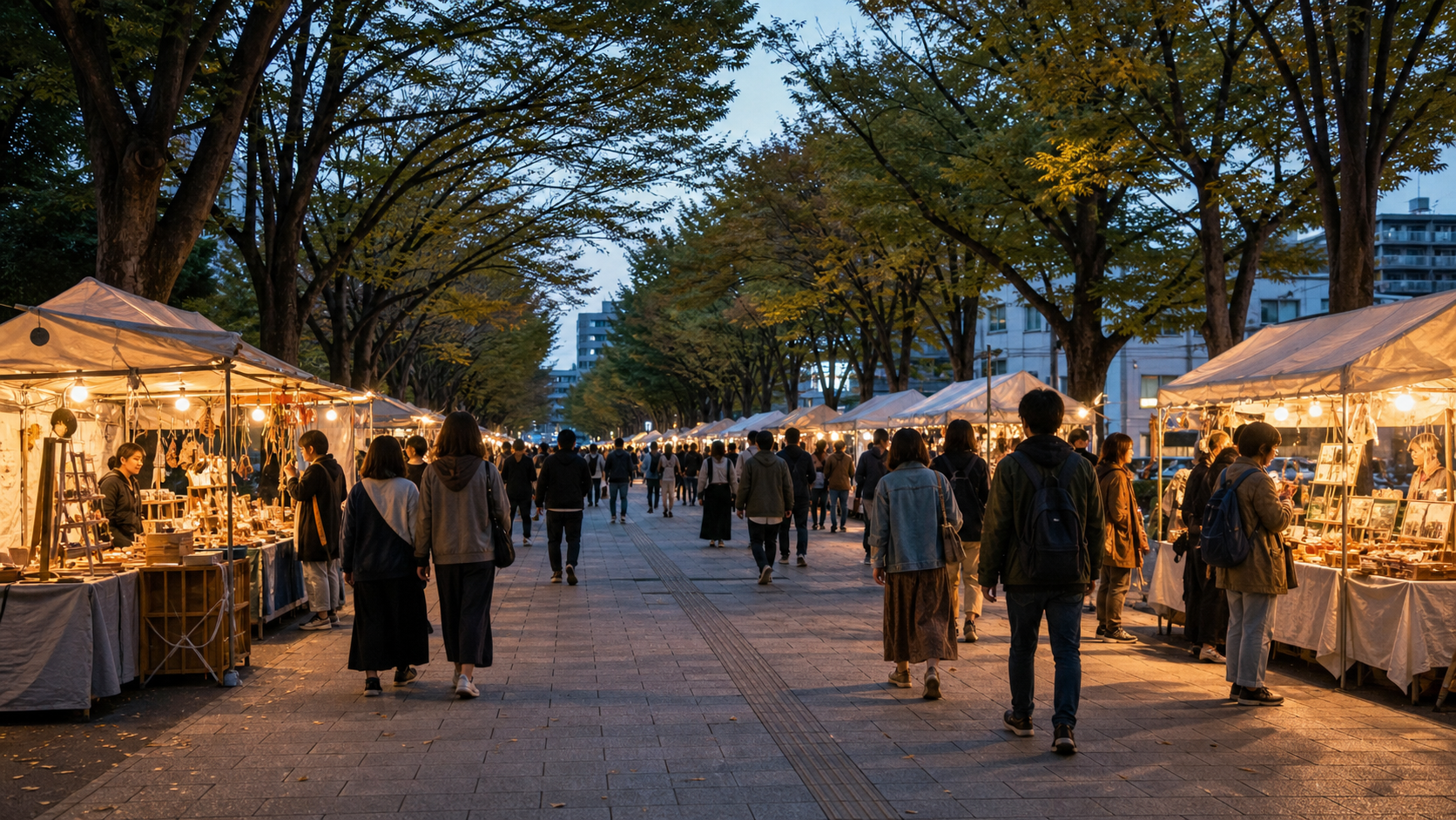 Illustrative market stalls opening at dusk along a broad tree-lined pedestrian avenue