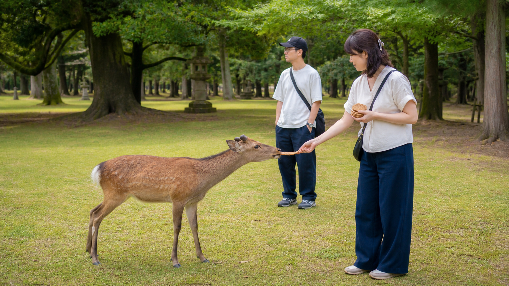A visitor calmly gives one deer cracker to a Nara deer while holding the remaining stack securely