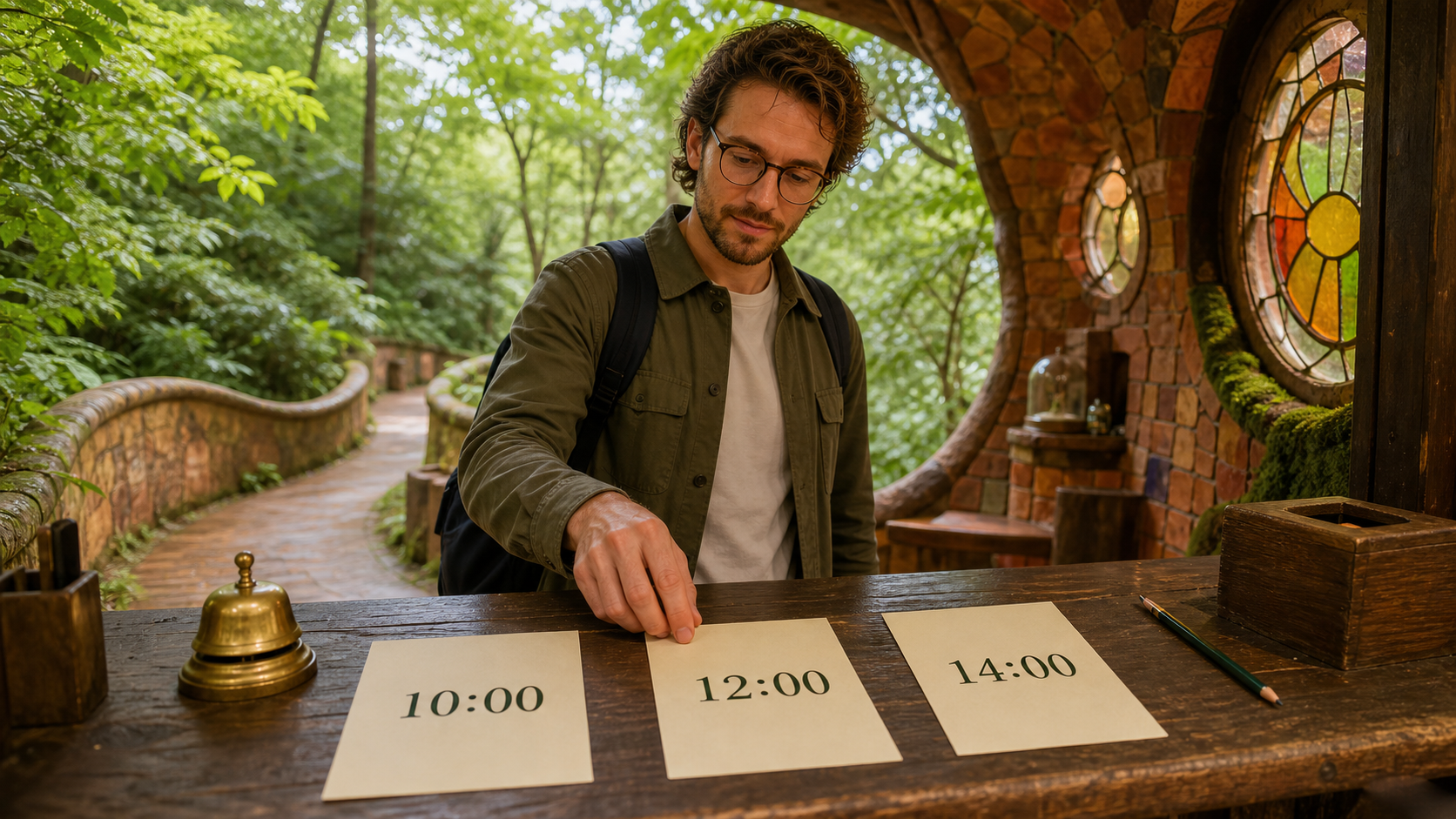 Traveler comparing 10:00, 12:00 and 14:00 entry-time cards at a woodland counter