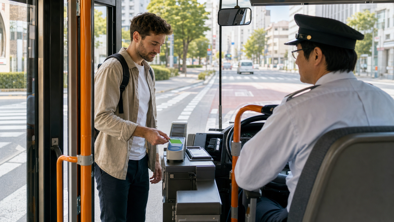 Traveler tapping an IC card while boarding a Japanese bus through the front door