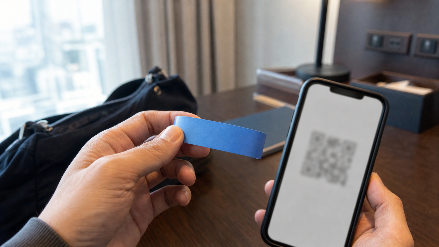 A traveler holds a plain admission wristband beside a phone with a blurred QR code