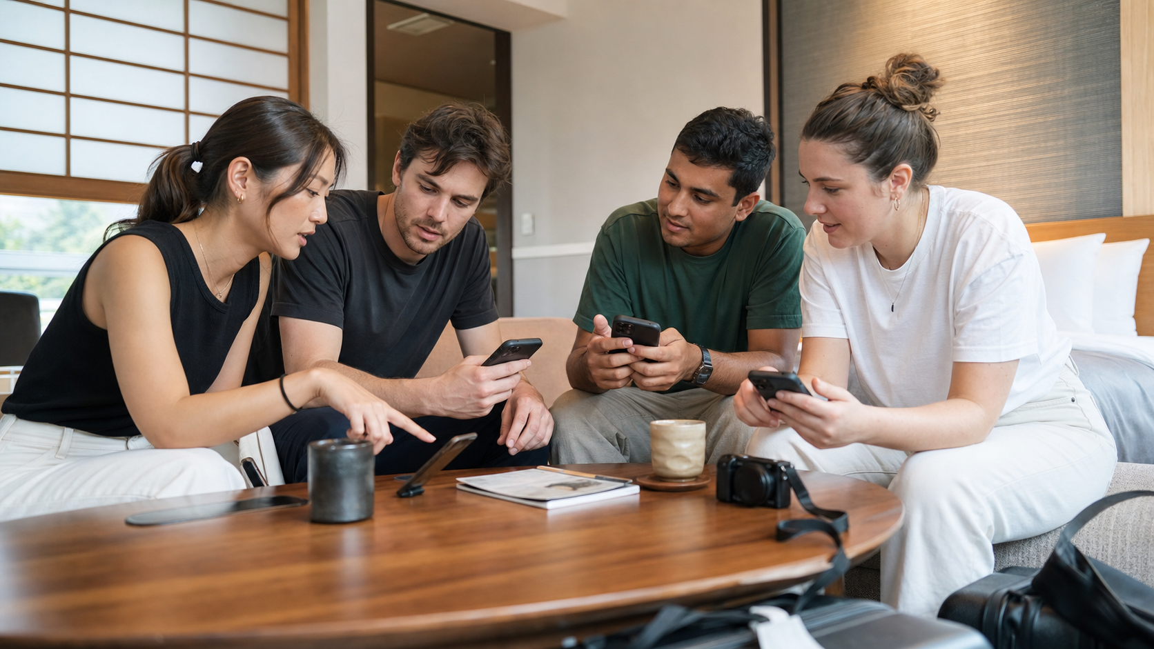 Four adult travelers organizing a theme park app group in a bright hotel room