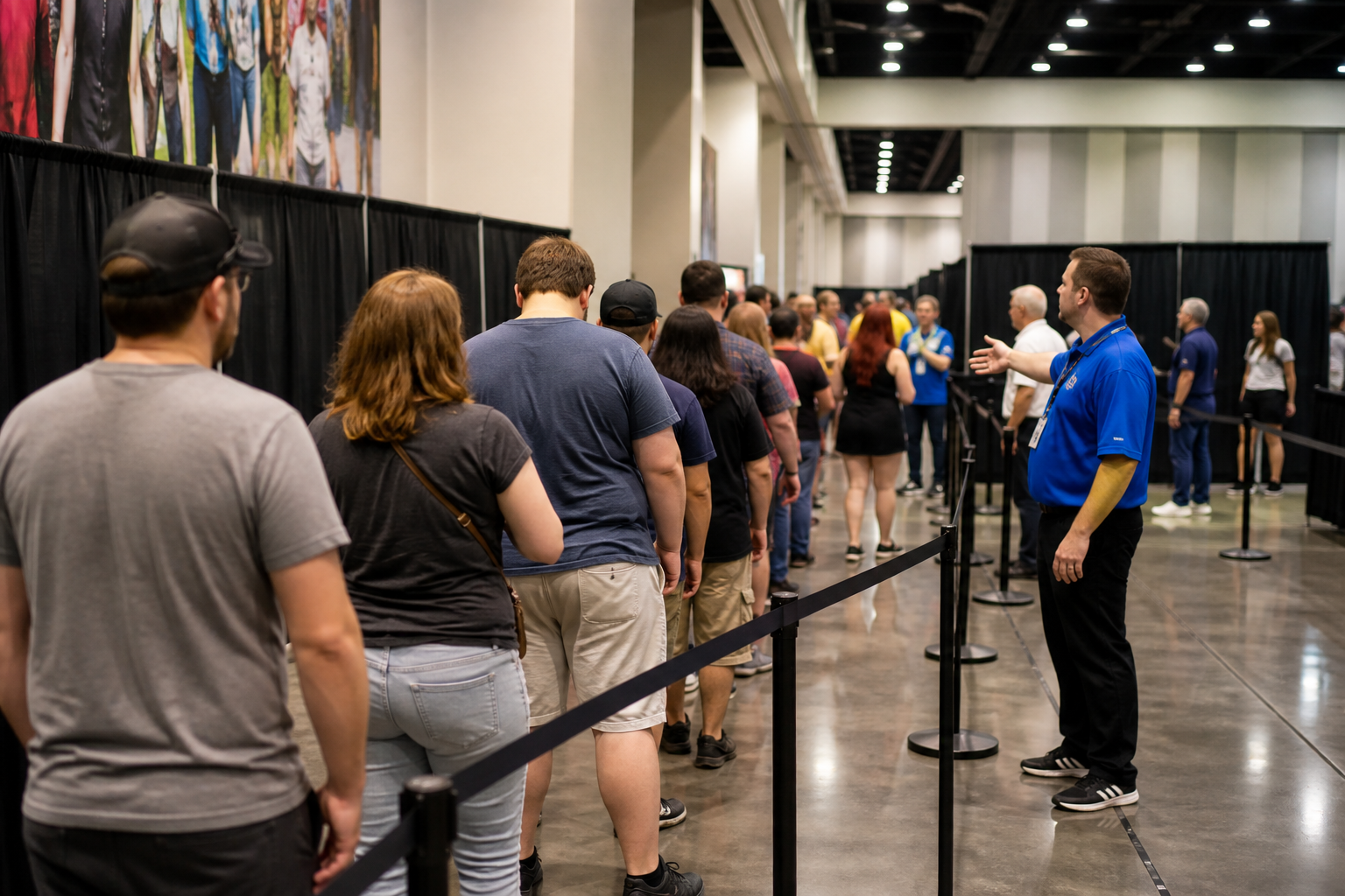 Visitors waiting in an orderly guest-session queue inside a convention hall