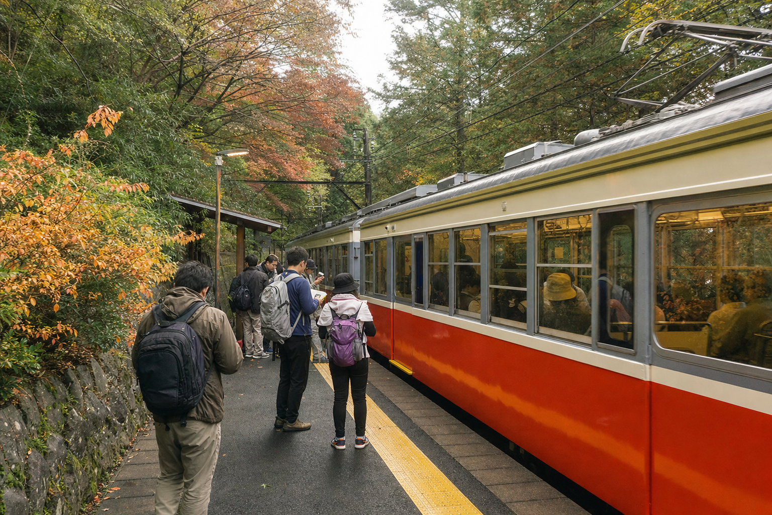 Travelers waiting beside a mountain railway train in autumn Hakone