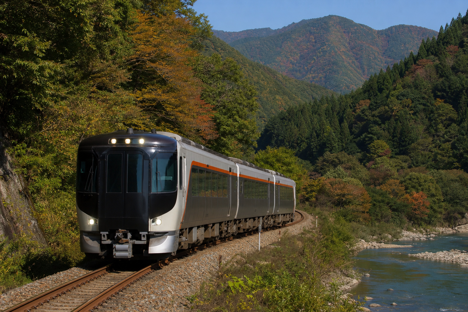 Modern limited express train traveling through the Hida mountain valley