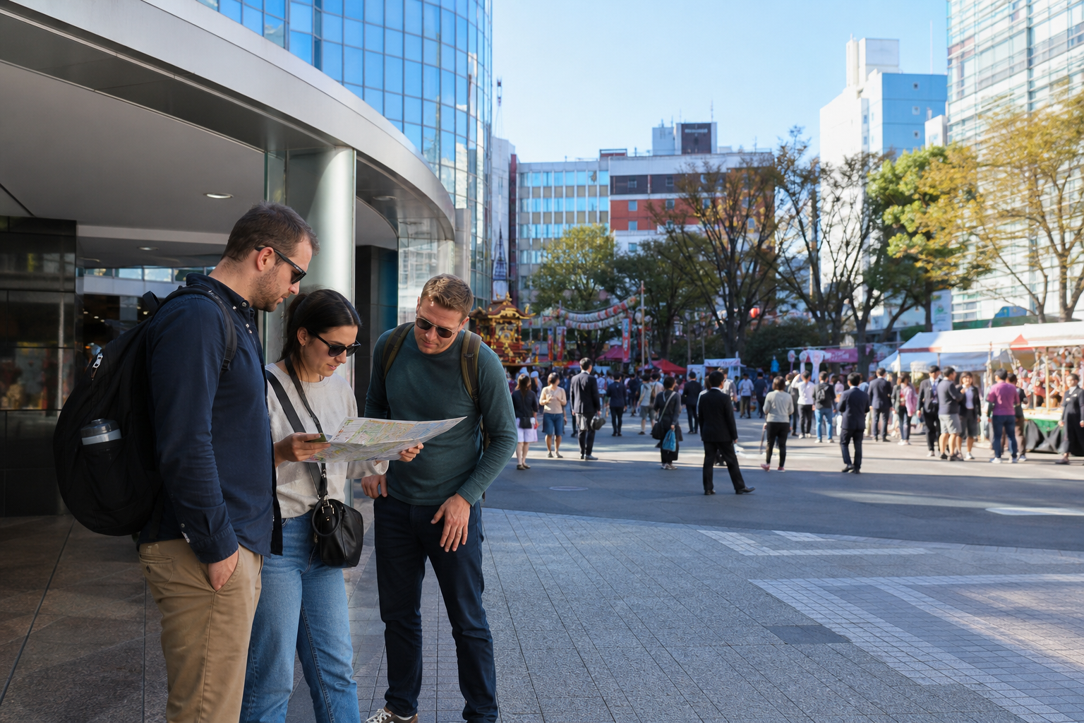 Travelers checking a map outside a modern Ikebukuro-style station plaza