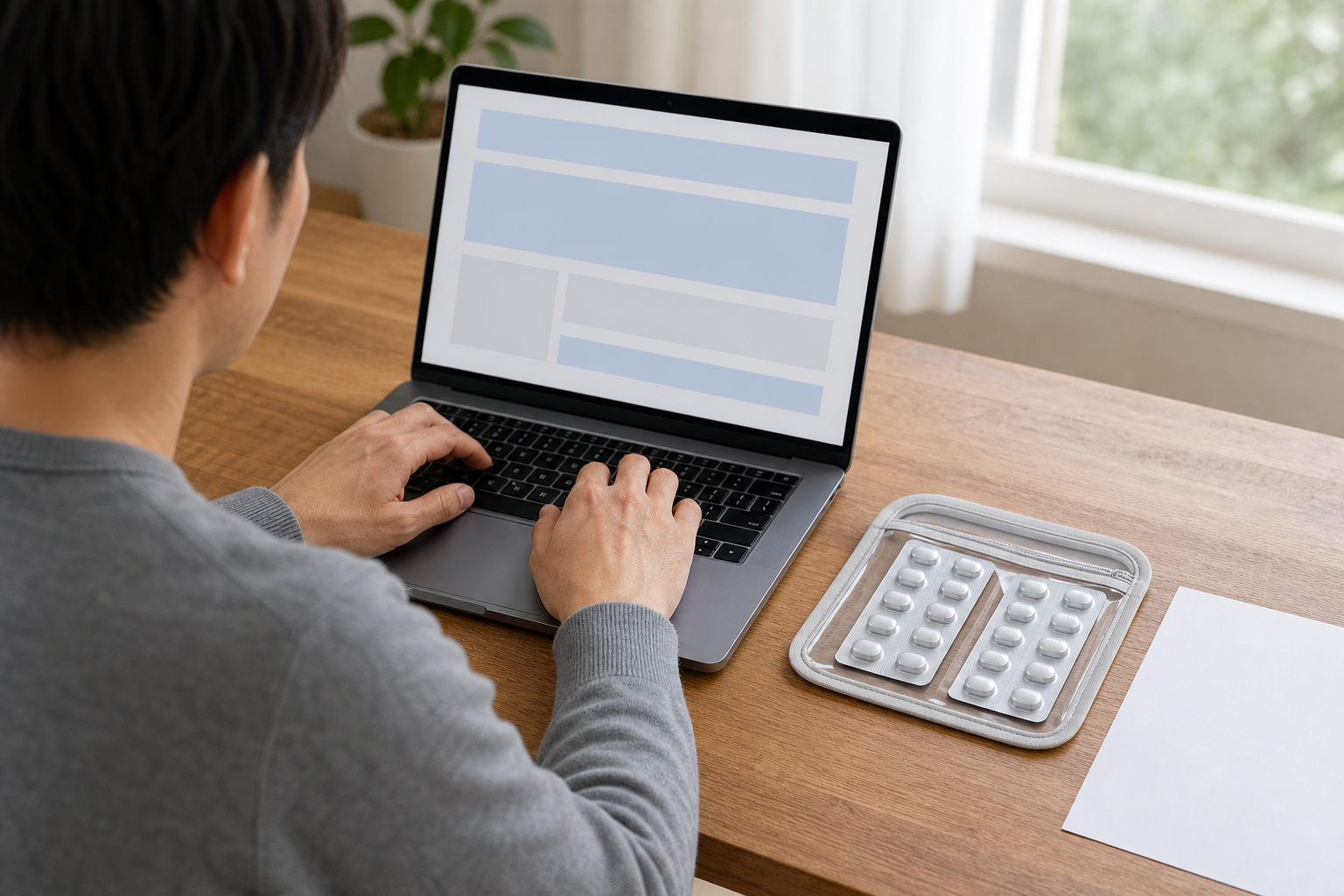 A traveler prepares an online medicine import application beside intact sealed blister cards