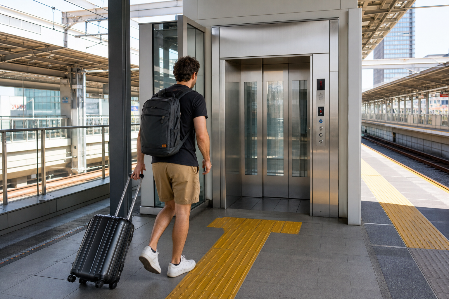 Inside-gate elevator and tactile paving at a Japanese station