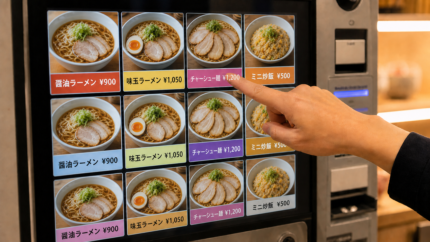 Traveler selecting from priced soy sauce ramen egg ramen chashu noodles and fried rice on a ticket machine