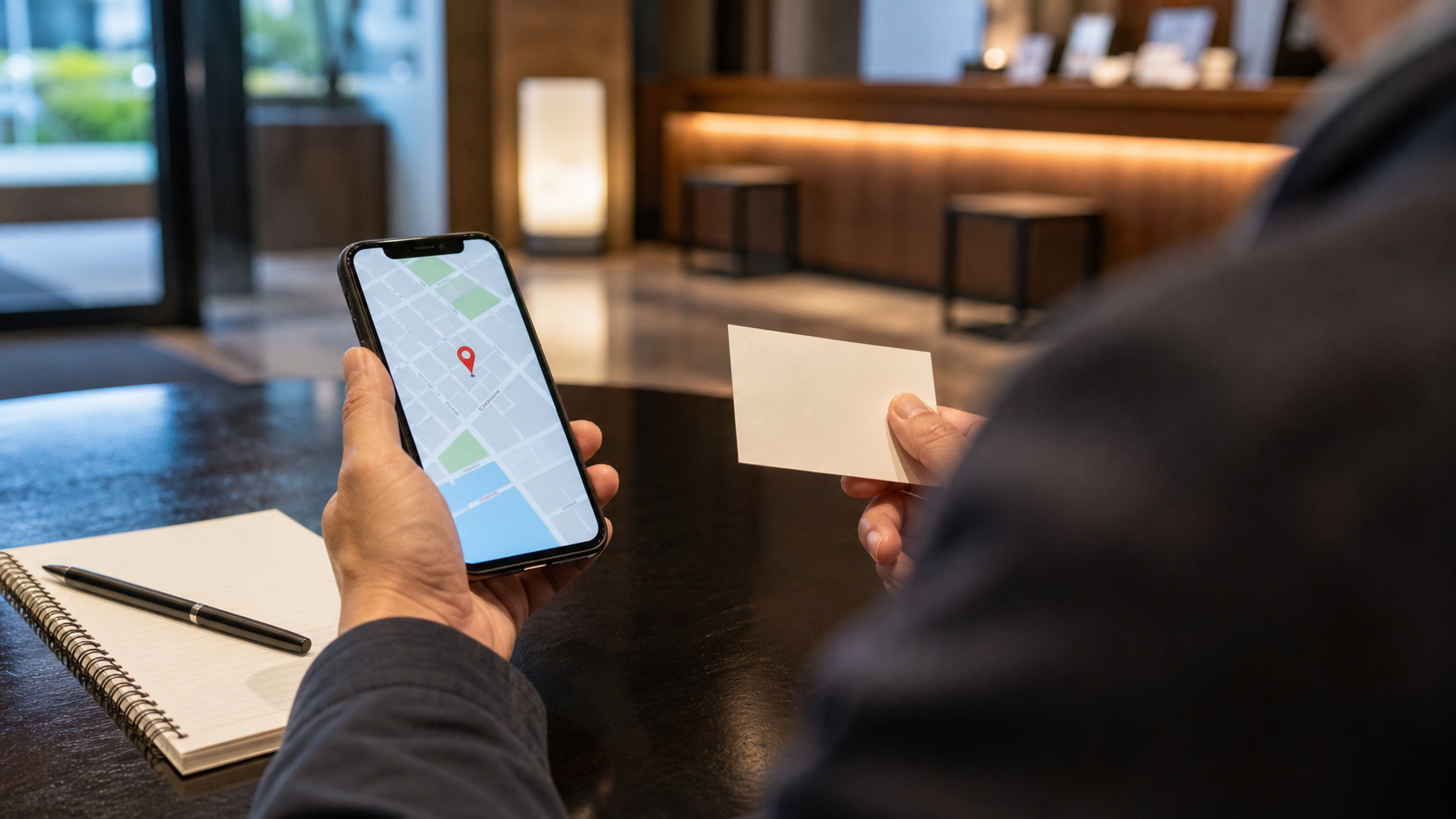 Traveler comparing a map pin with a saved hotel address