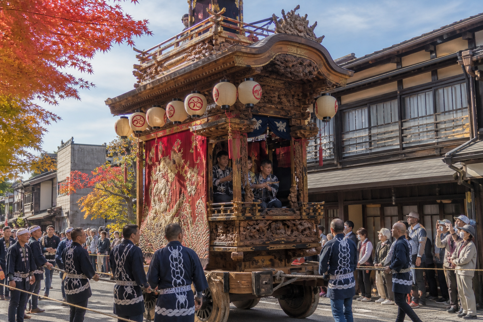 Ornate wooden festival float moving along a historic Japanese street in autumn