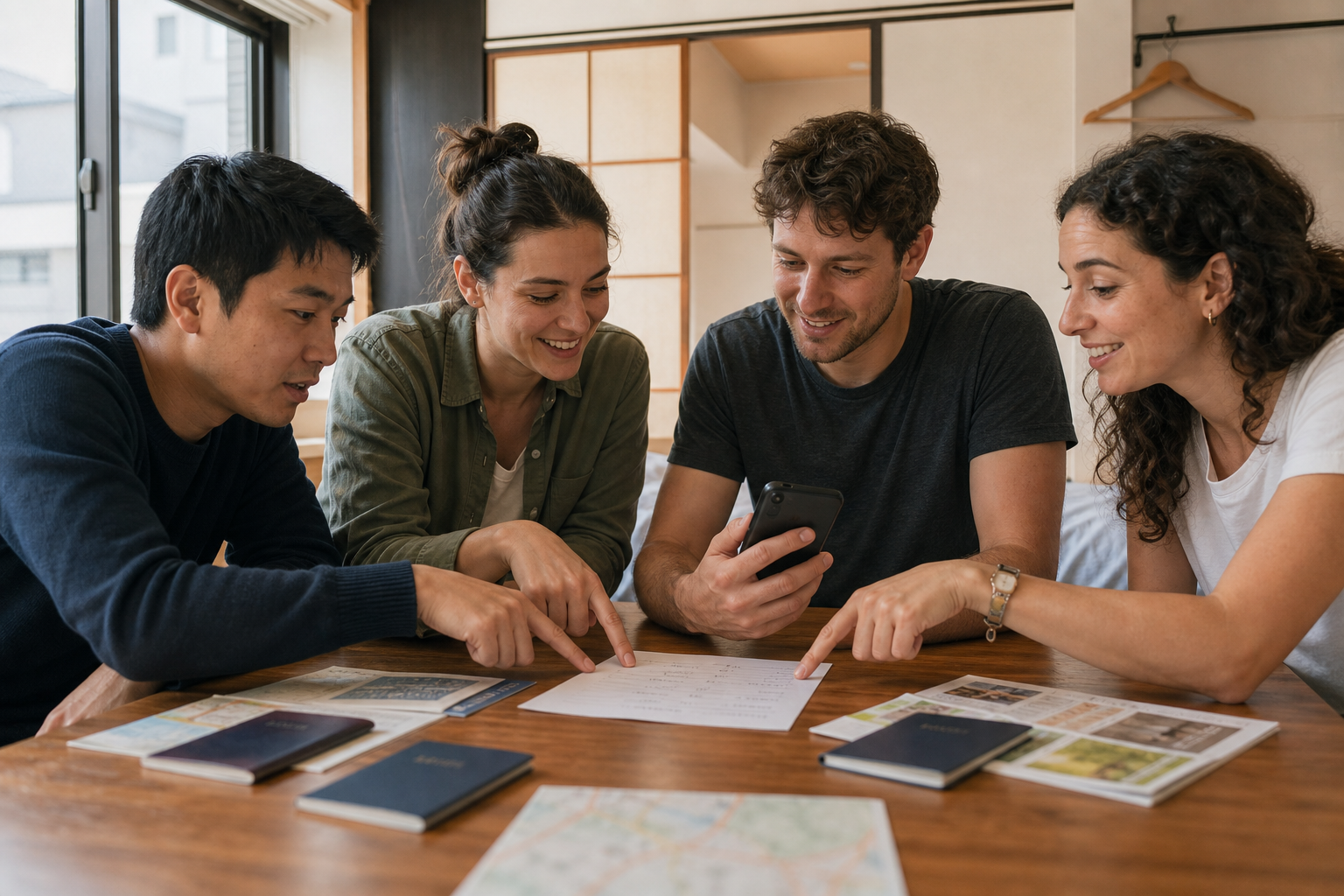 Four travelers agreeing on one group application before submitting