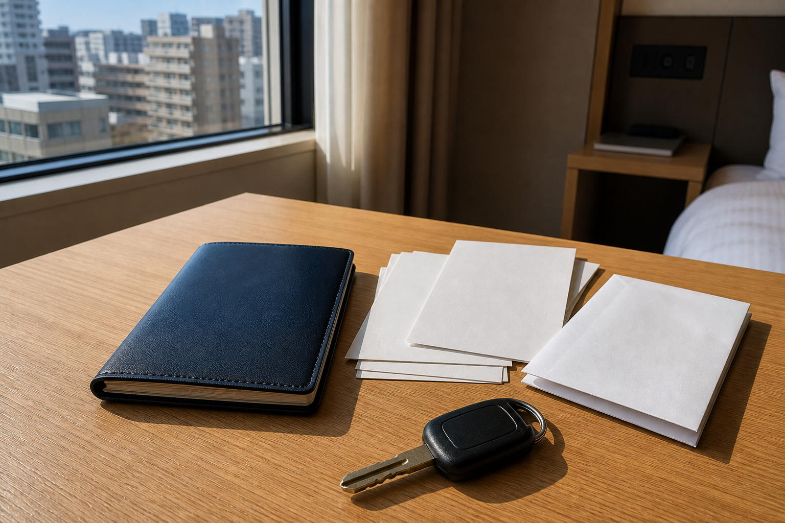 Blank passport folder and physical landing-evidence papers arranged on a hotel desk beside an unbranded car key