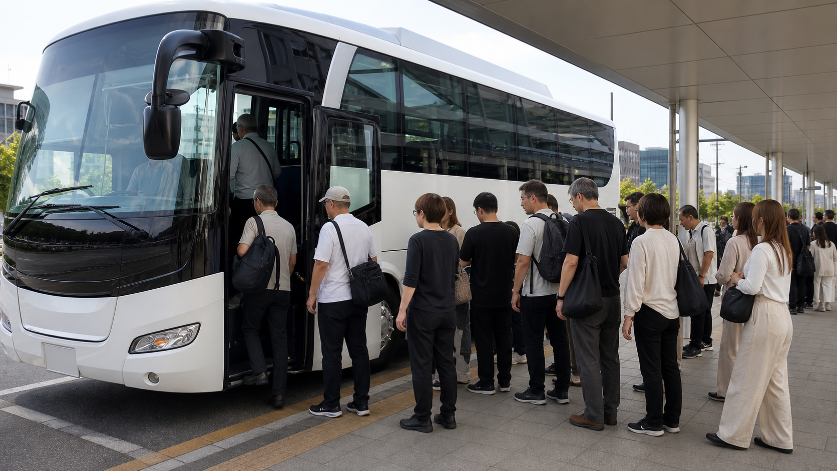 Illustrative international race fans boarding a reserved coach at a Japanese station