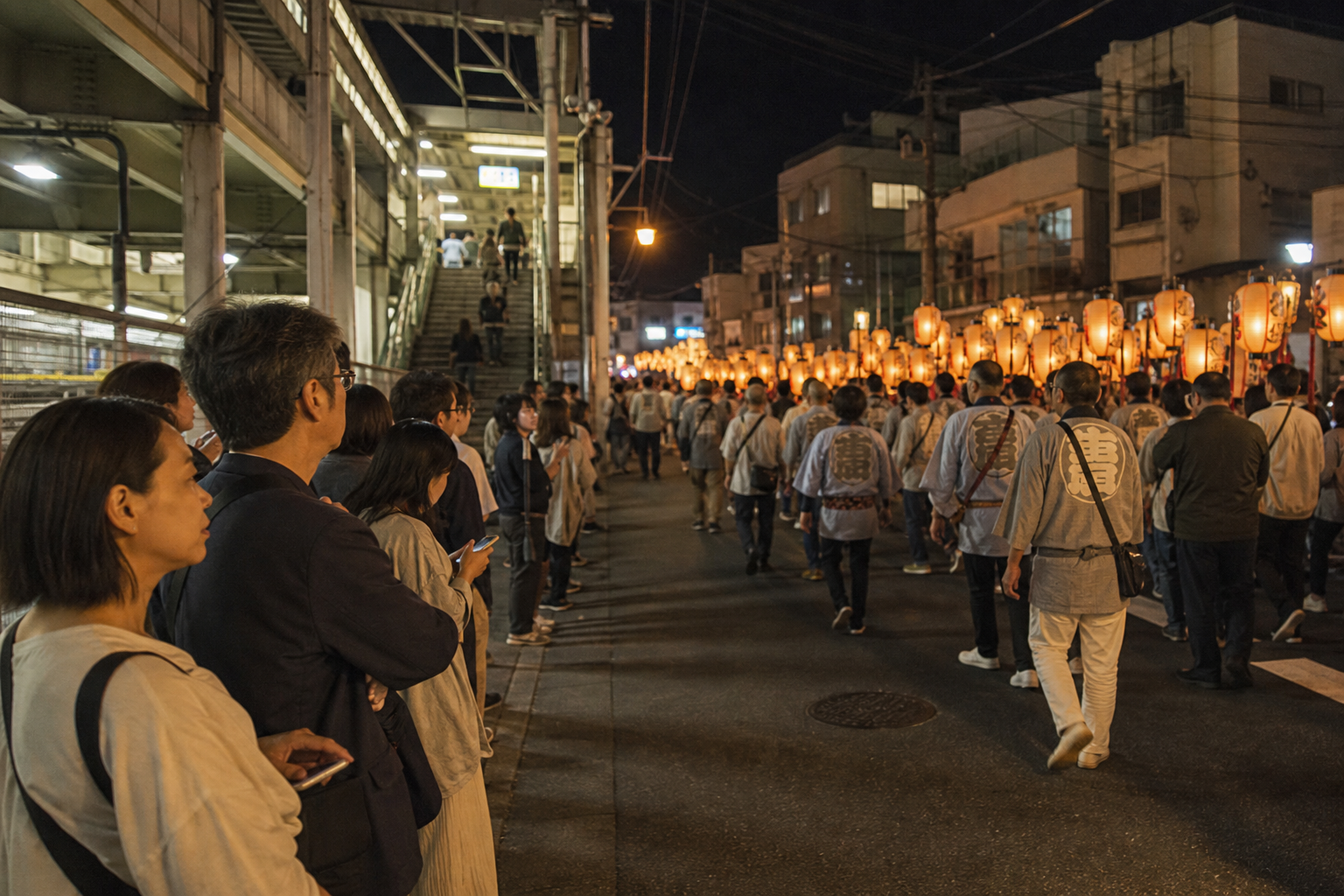 Spectators keeping to the station-side edge of an evening festival route