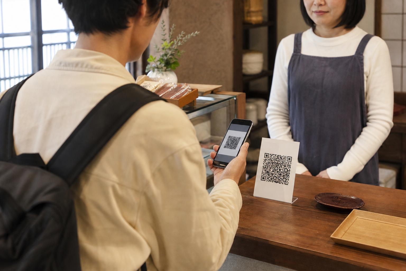 International visitor checking a home-country wallet at a Japanese shop QR checkout