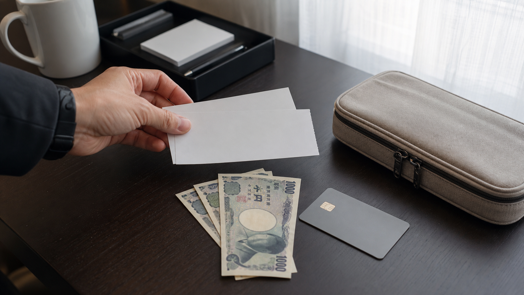 Blank admission cards, Japanese yen and a backup payment card
