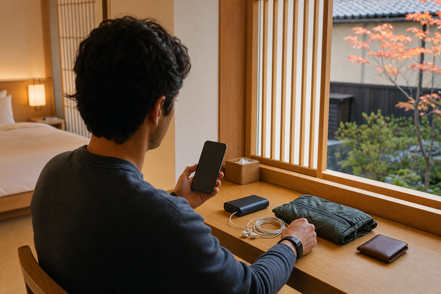 Traveler preparing a blank phone, earphones and power bank before a Kyoto event