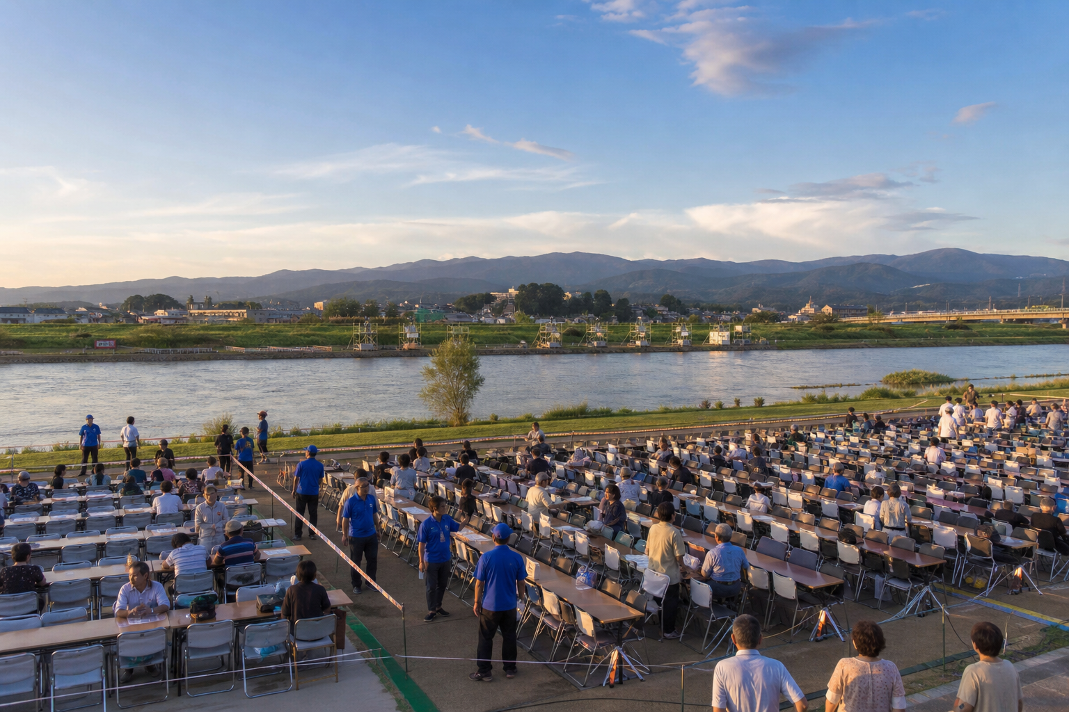 Reserved seating filling before the Omagari fireworks beside the river