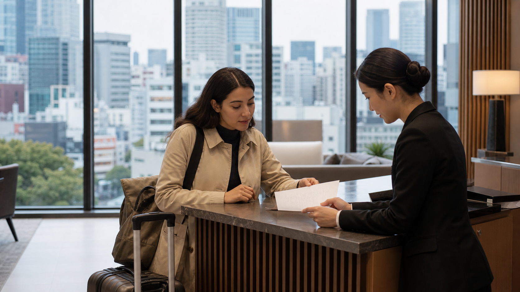 A traveler reviews a booking charge at a modern Tokyo hotel reception