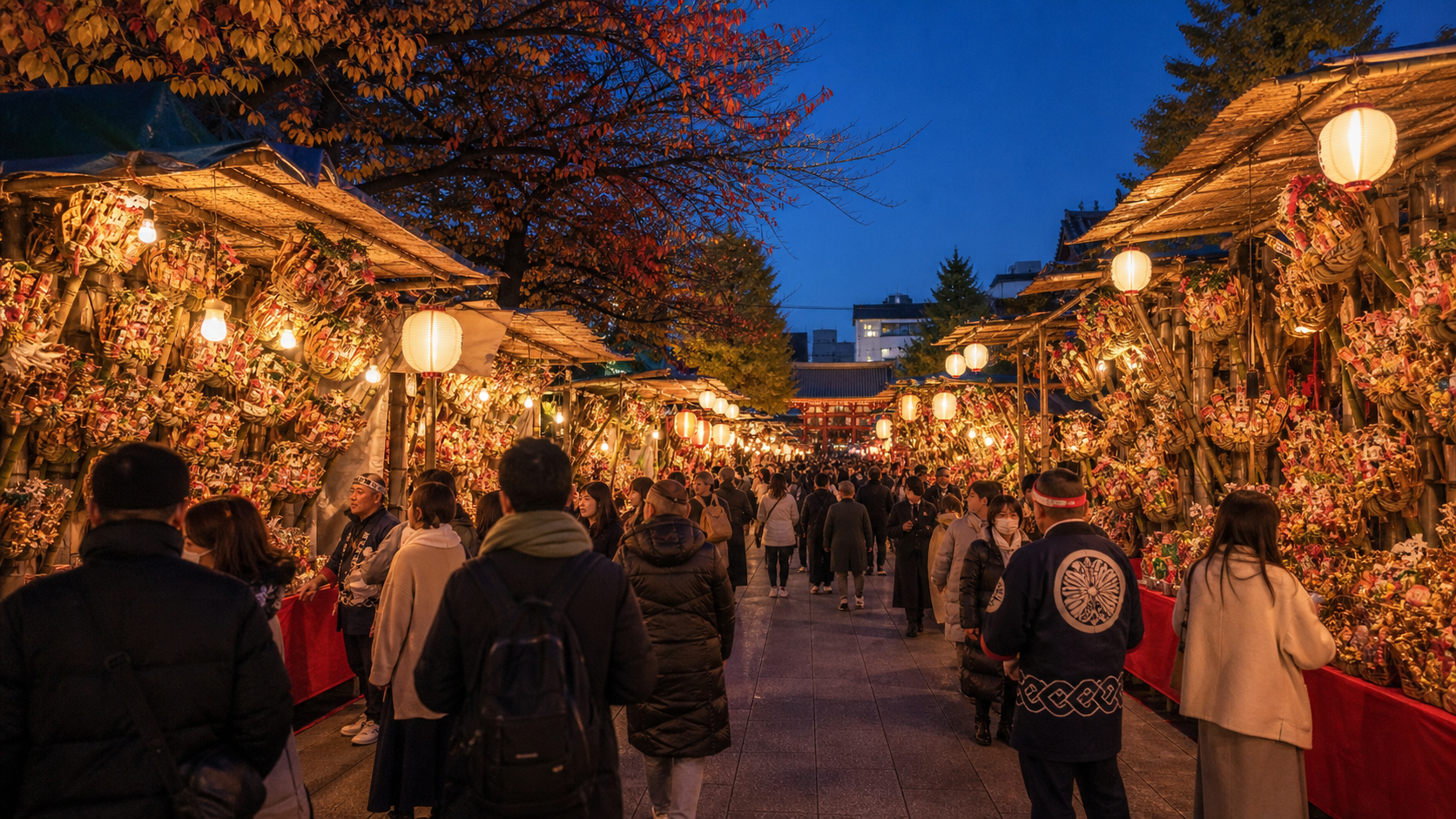 Visitors walking between illuminated kumade stalls at an autumn festival
