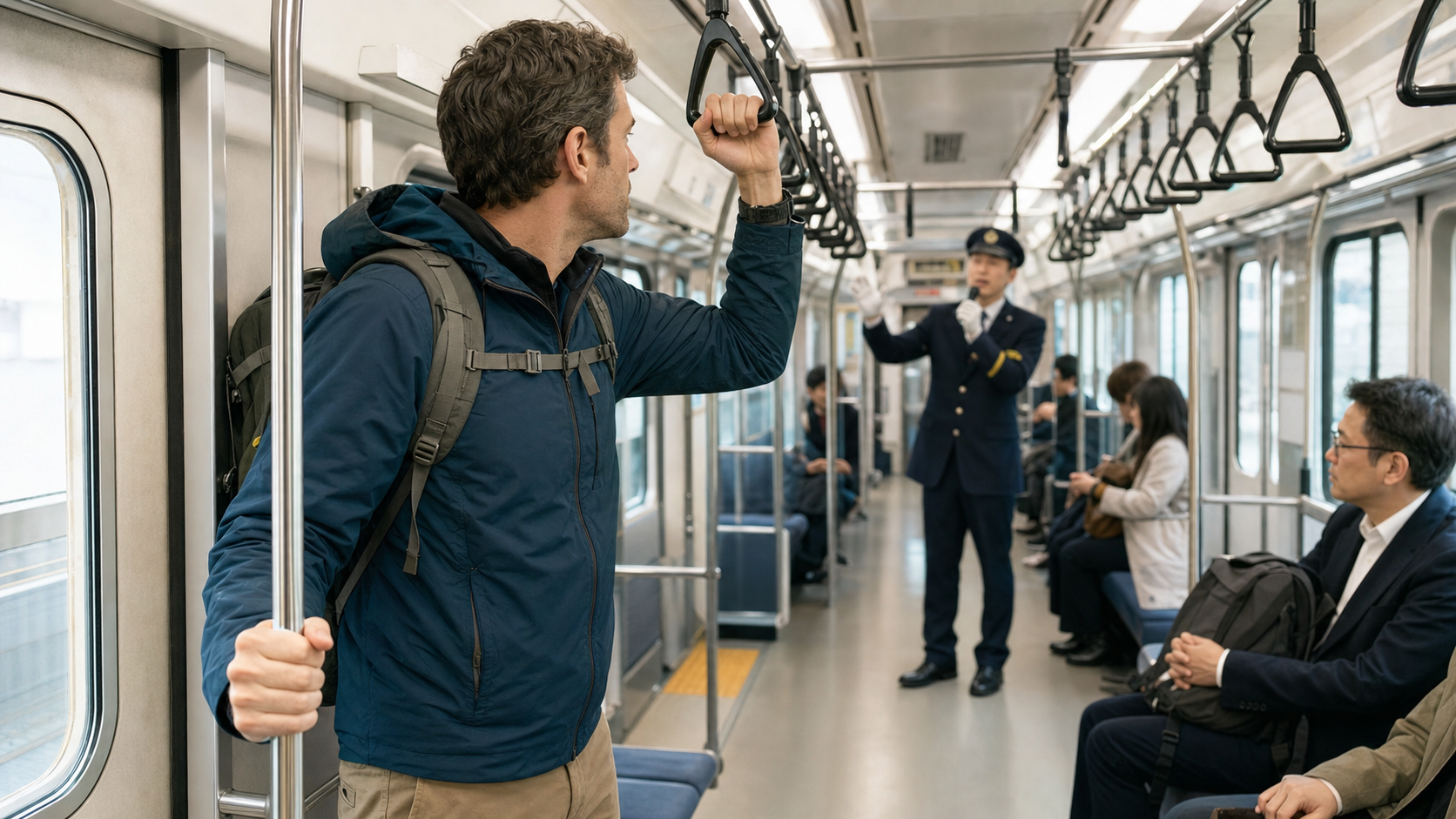 Traveler holding a strap and rail while listening to staff on a stopped Japanese train