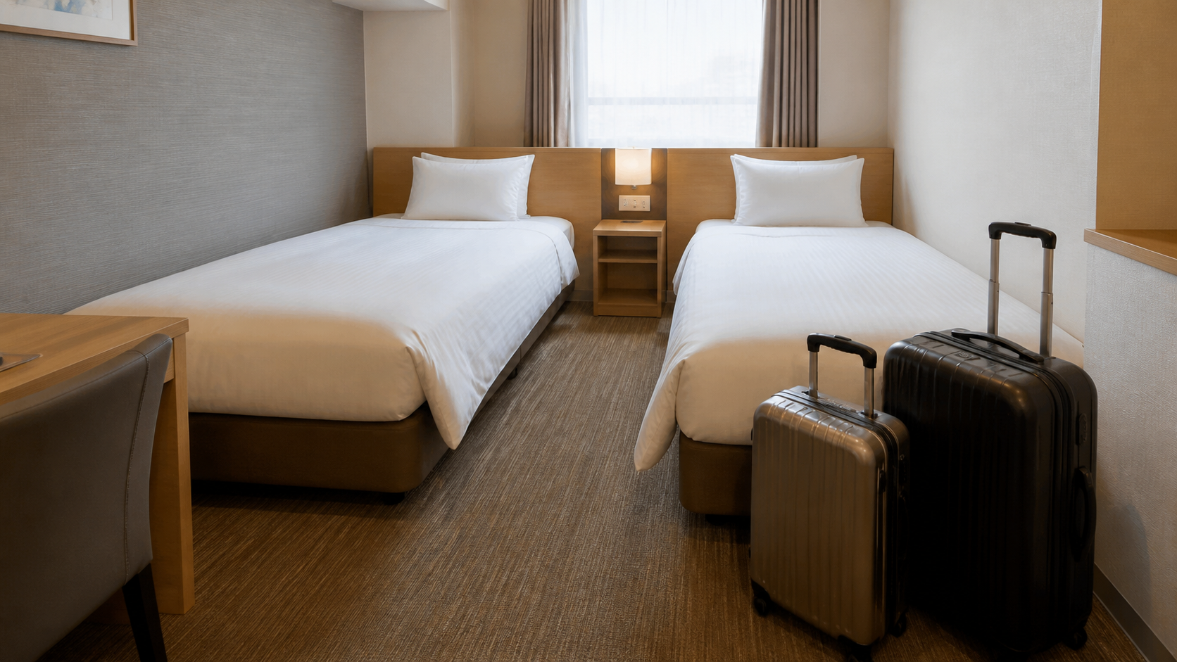 Bright Japanese twin hotel room with two separate beds, a central aisle and two suitcases
