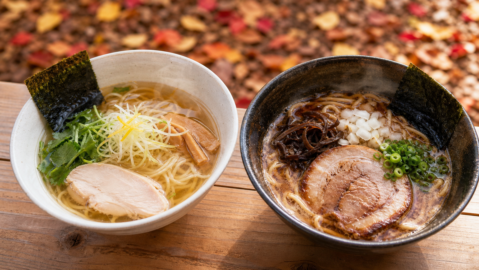 Two contrasting ramen bowls on an outdoor table