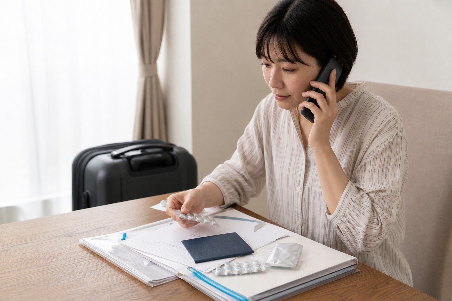 A traveler contacts the responsible authority while checking medicine and travel documents