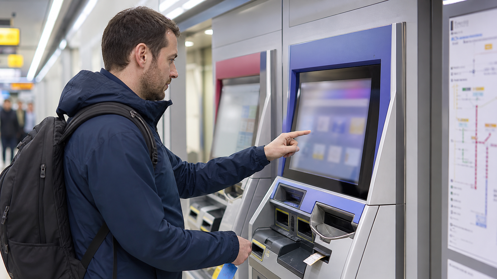Traveler buying a paper ticket from a Japanese station ticket machine