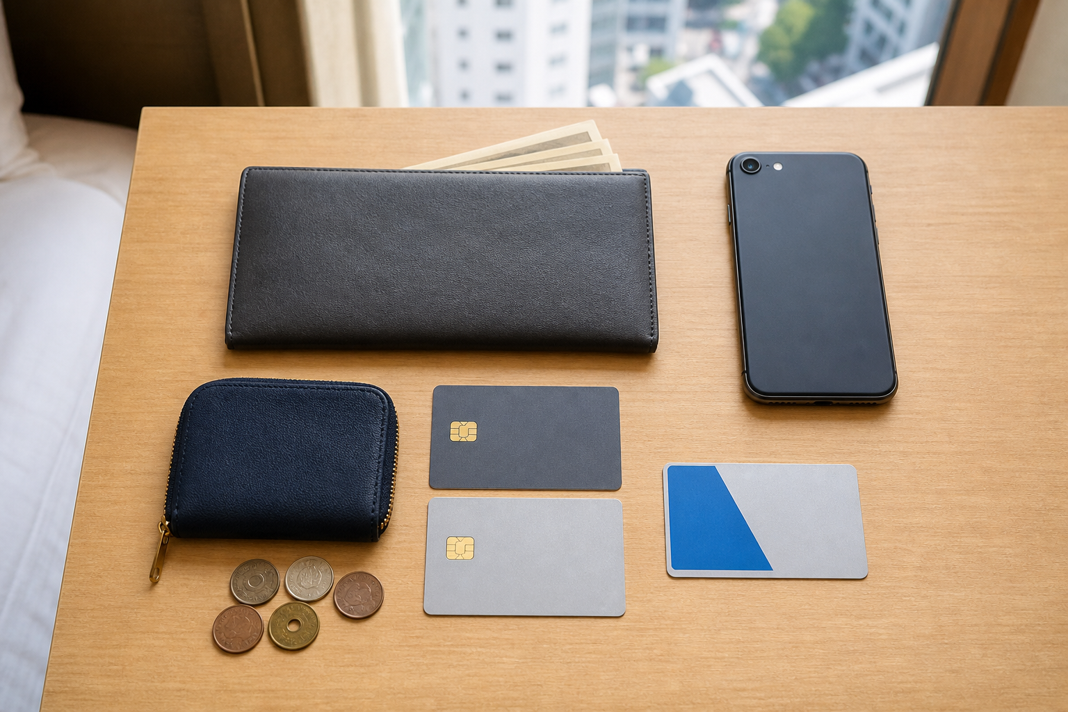 Two plain bank cards, a transit IC card and yen cash arranged as Japan payment backups