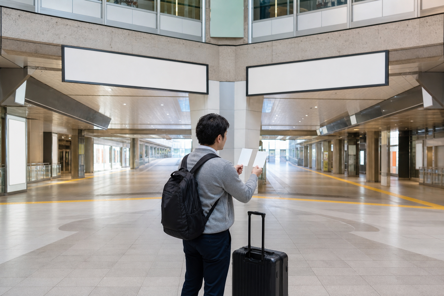Traveler checking a route before an inter-company train connection in Tokyo