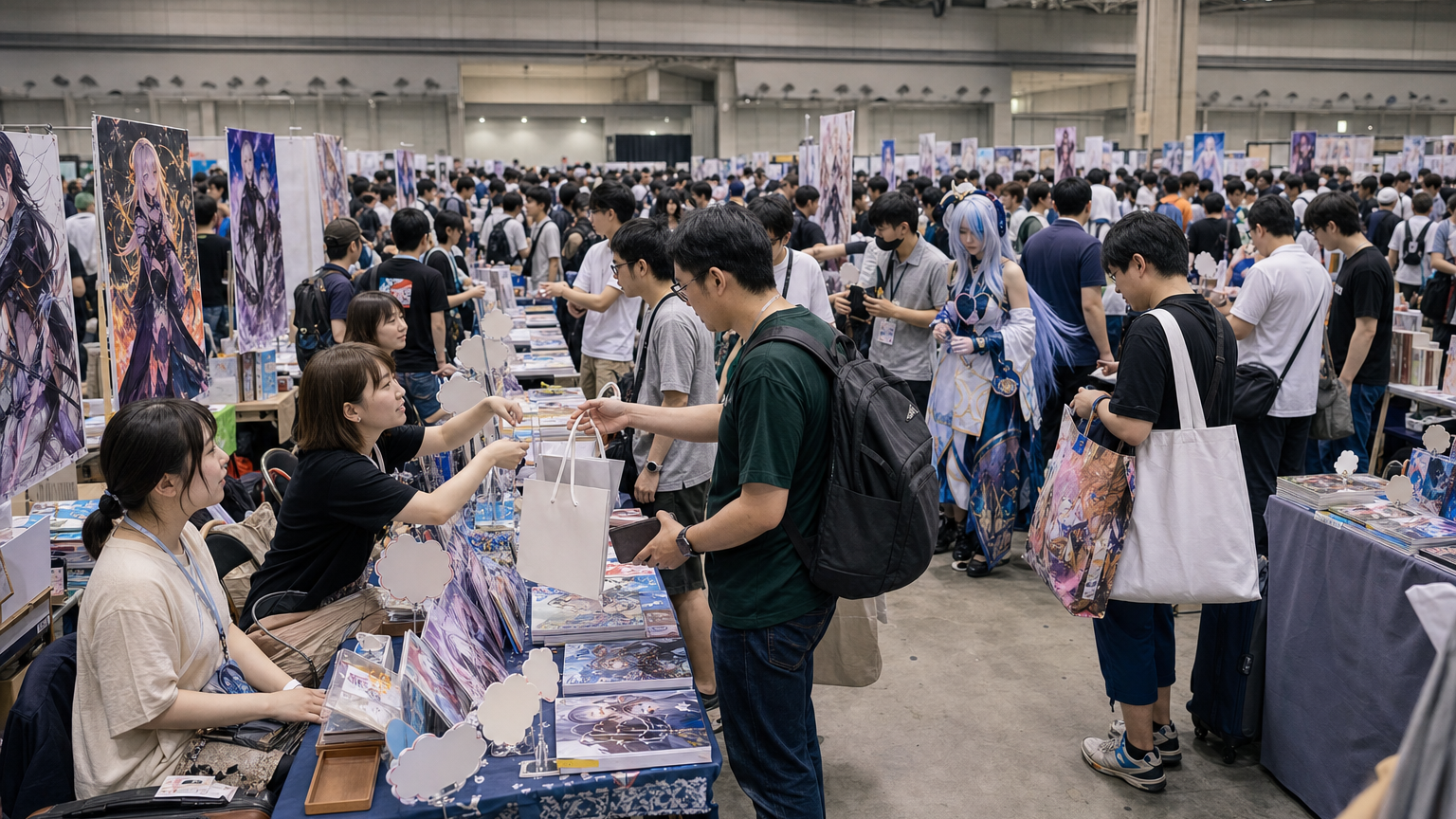 Visitors buy fictional doujinshi from tightly packed creator tables inside a major convention hall