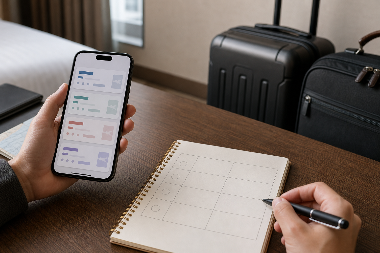 Traveler comparing abstract flight options beside cabin and checked luggage