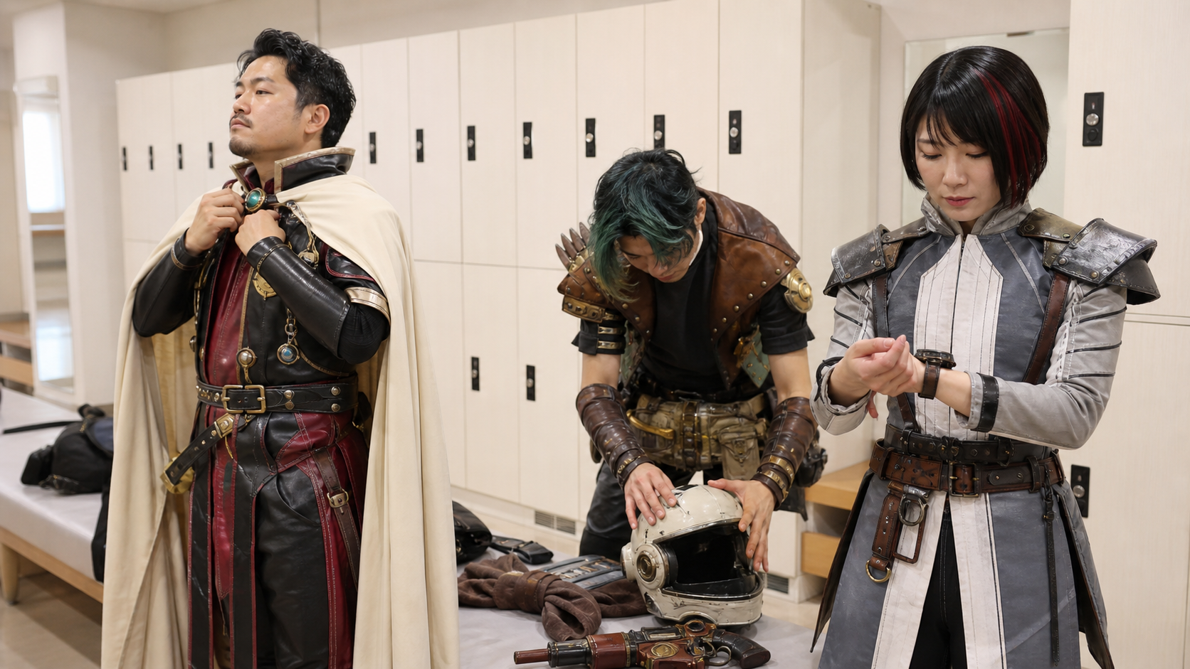 Adult attendees preparing original non-branded cosplay outfits in a locker area