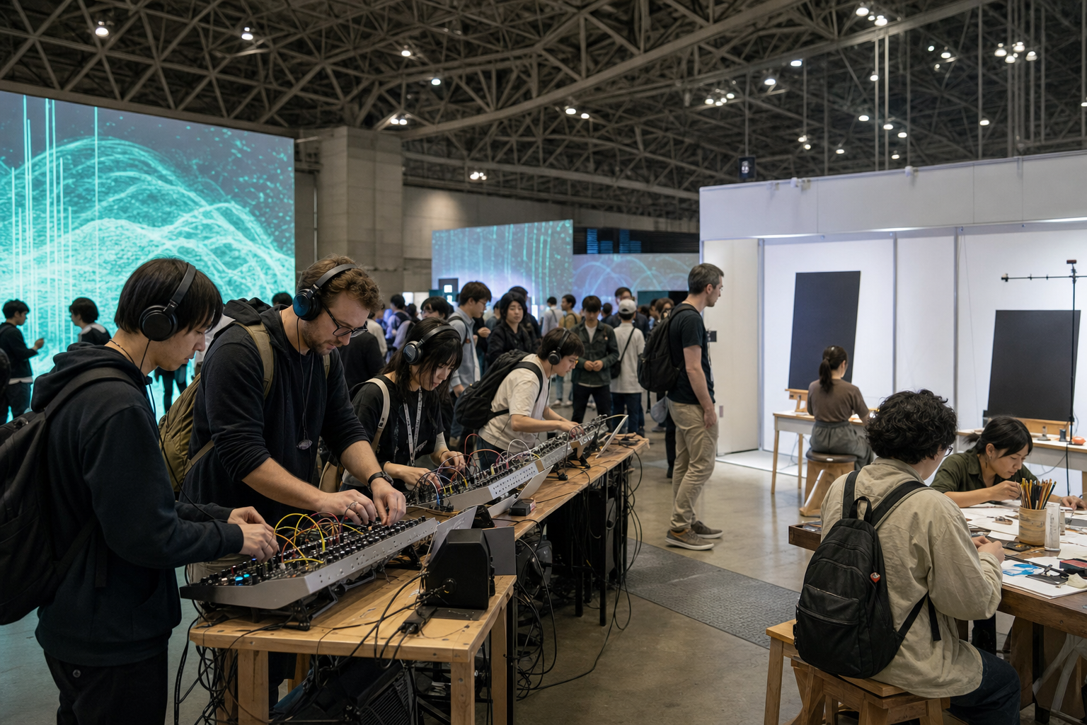 Fans exploring generic creator booths and abstract audiovisual installations in a large hall