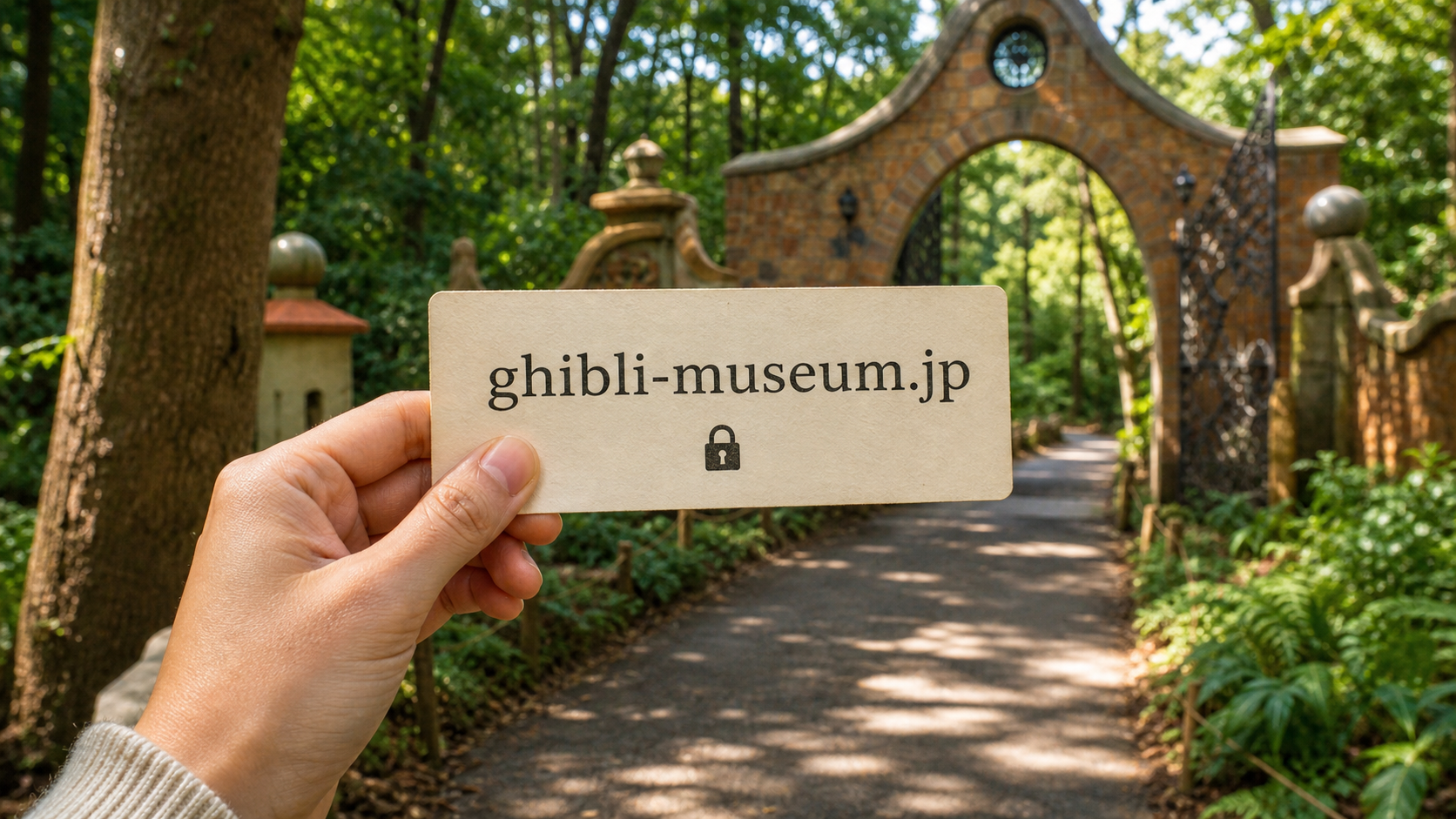 Hand holding a ghibli-museum.jp card in front of a woodland gate