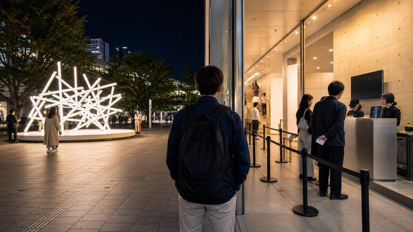 Traveler choosing between a free outdoor light installation and a paid contemporary art museum entrance