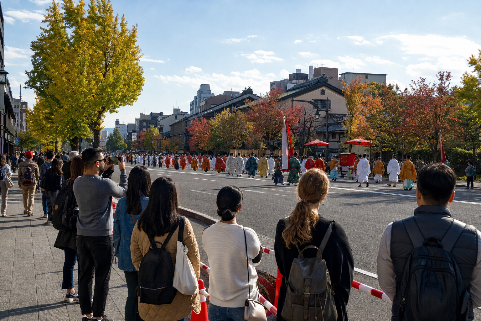 International visitors watching an autumn procession from behind a temporary roadside boundary