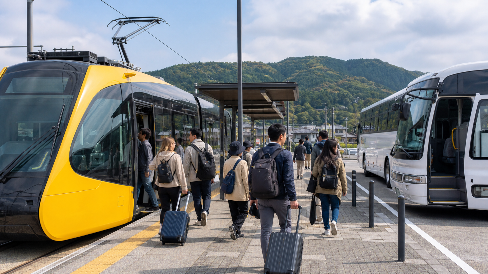 Illustrative travelers transferring from a Japanese light-rail vehicle to a coach