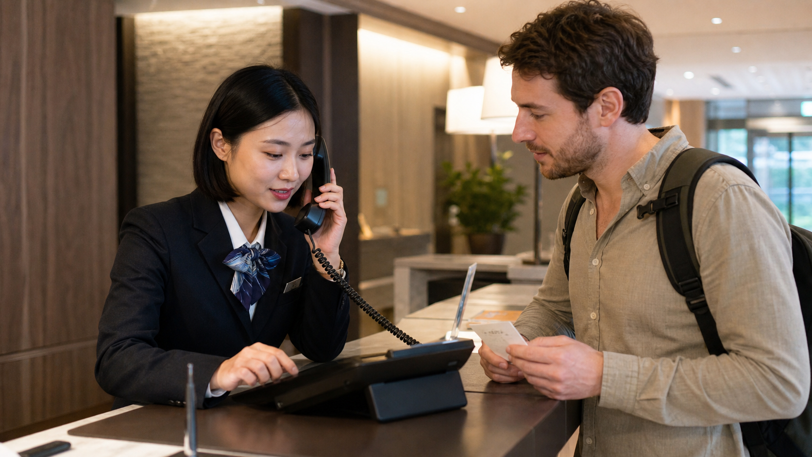 Hotel front-desk staff helping a traveler use a desk phone