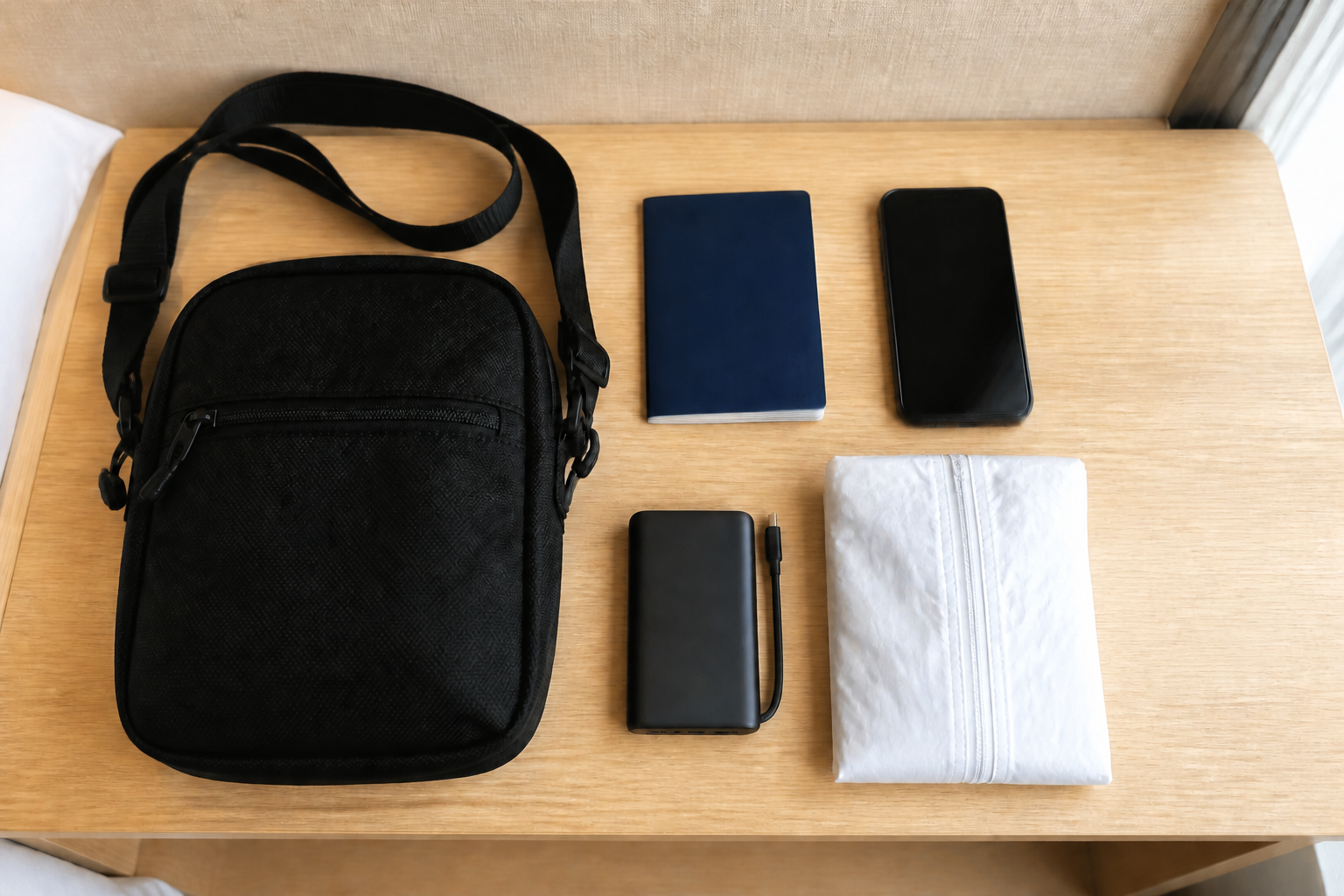 A passport, compact day bag, phone, power bank and rain poncho are prepared on a hotel desk
