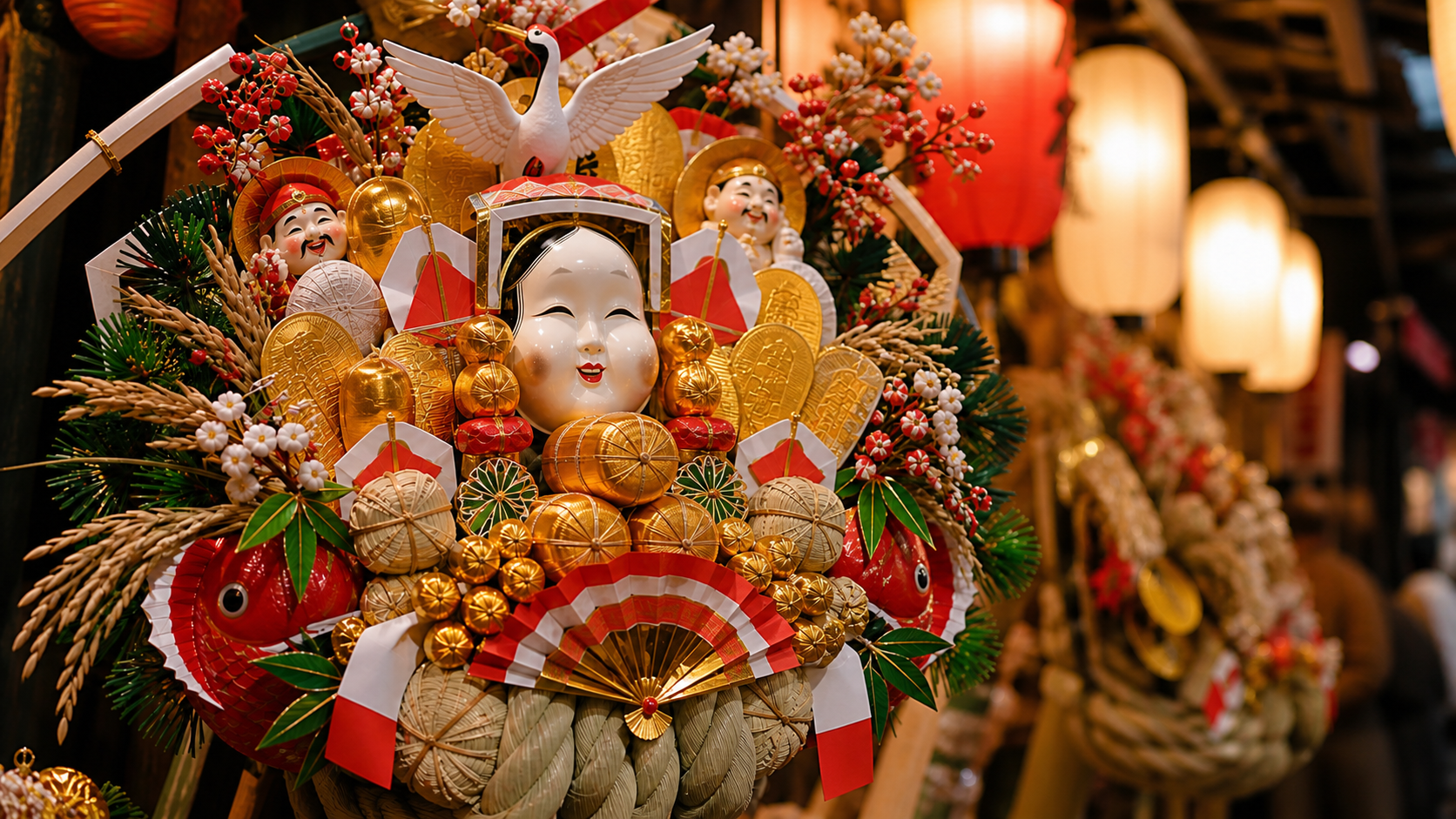 Ornate red and gold kumade lucky-rake decorations under lantern light