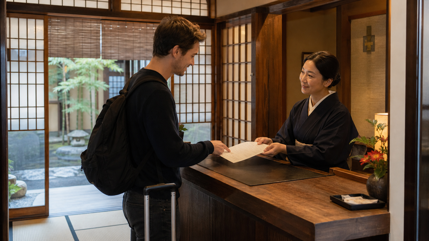 A traveler receives an itemized sheet at a traditional-style Kyoto inn reception