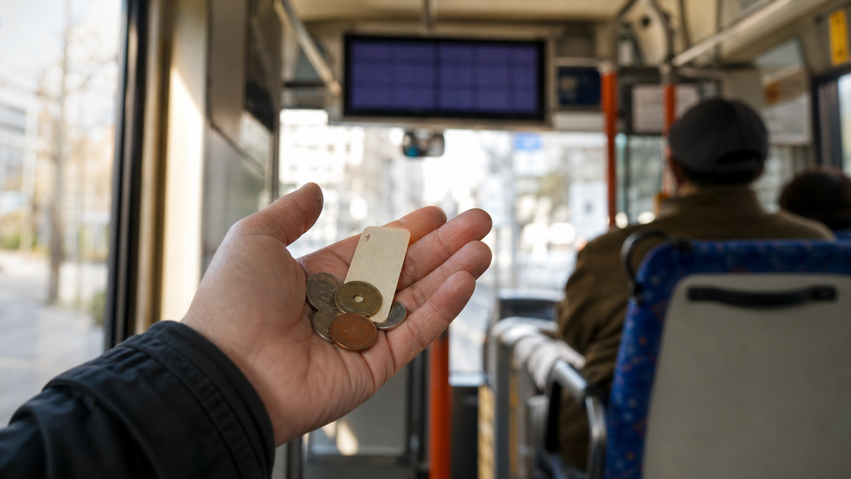 Traveler holding coins and a numbered ticket inside a Japanese local bus