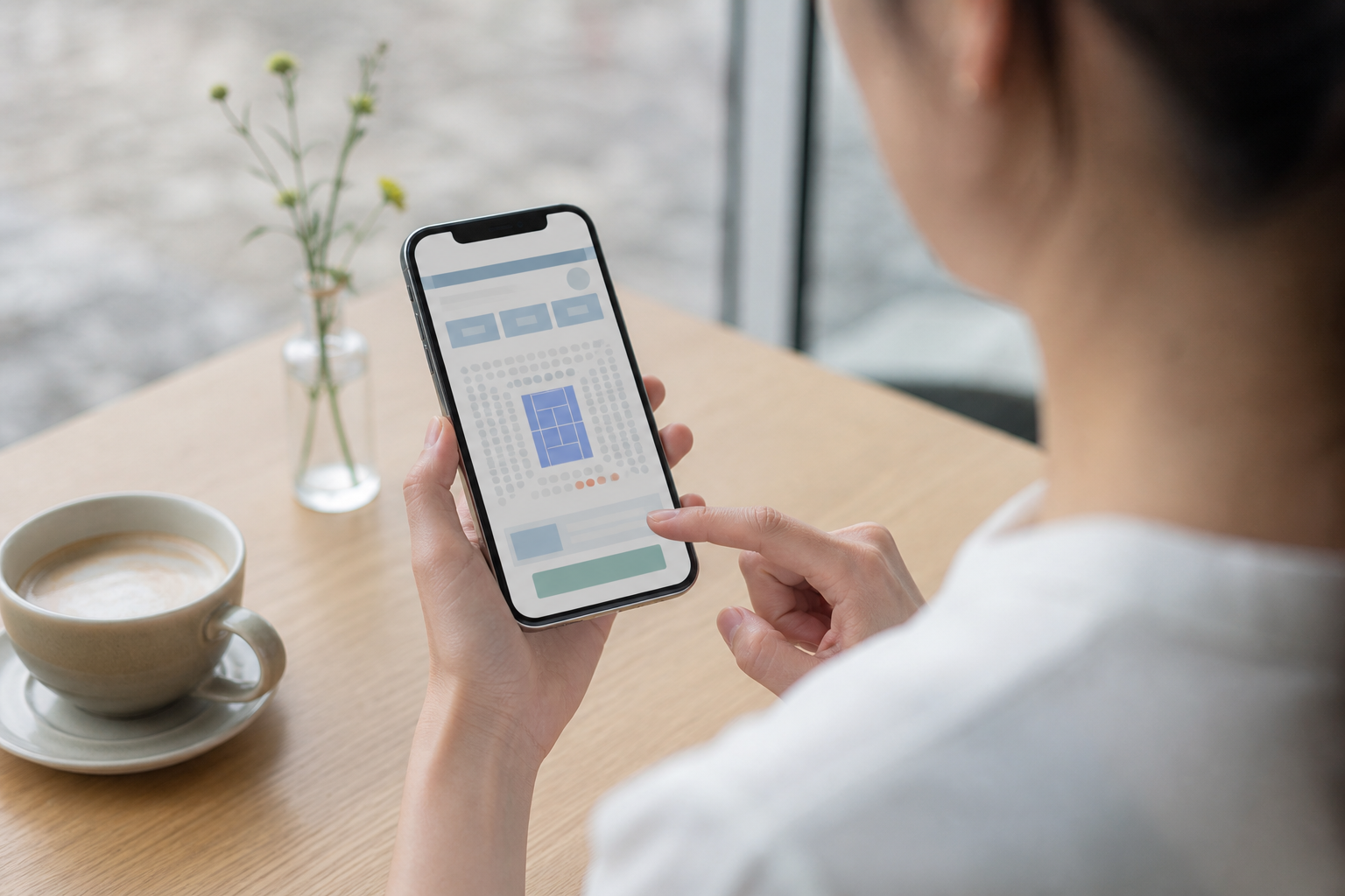Overseas traveler checking a tennis ticket date and seat selection before online payment
