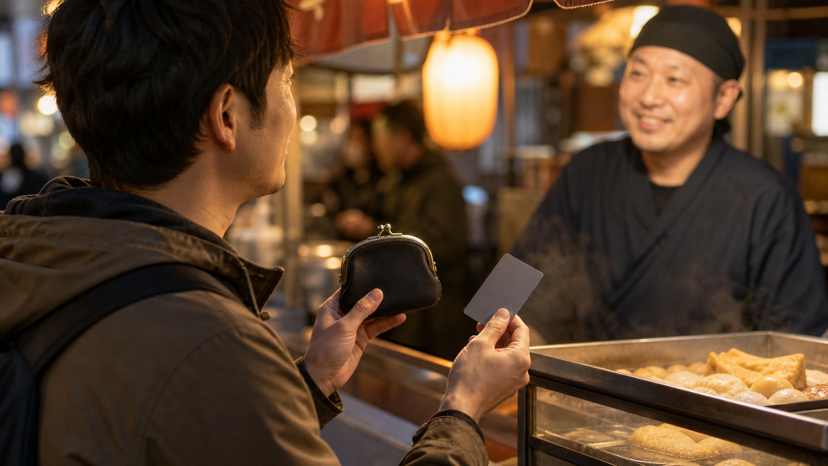 Illustrative traveler holding a closed coin purse and blank payment card at a food stall