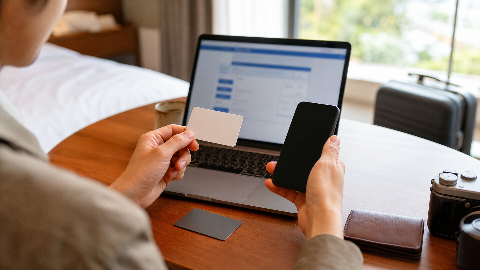A traveler preparing payment cards and phone authentication for ticket checkout