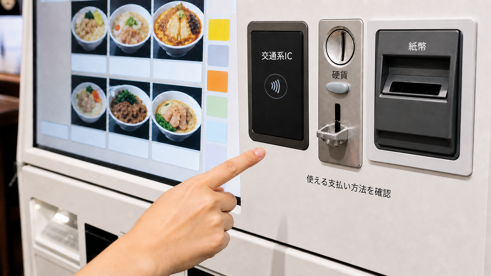 Traveler pointing at Japanese labels for coins banknotes and transit IC payment on a restaurant ticket machine