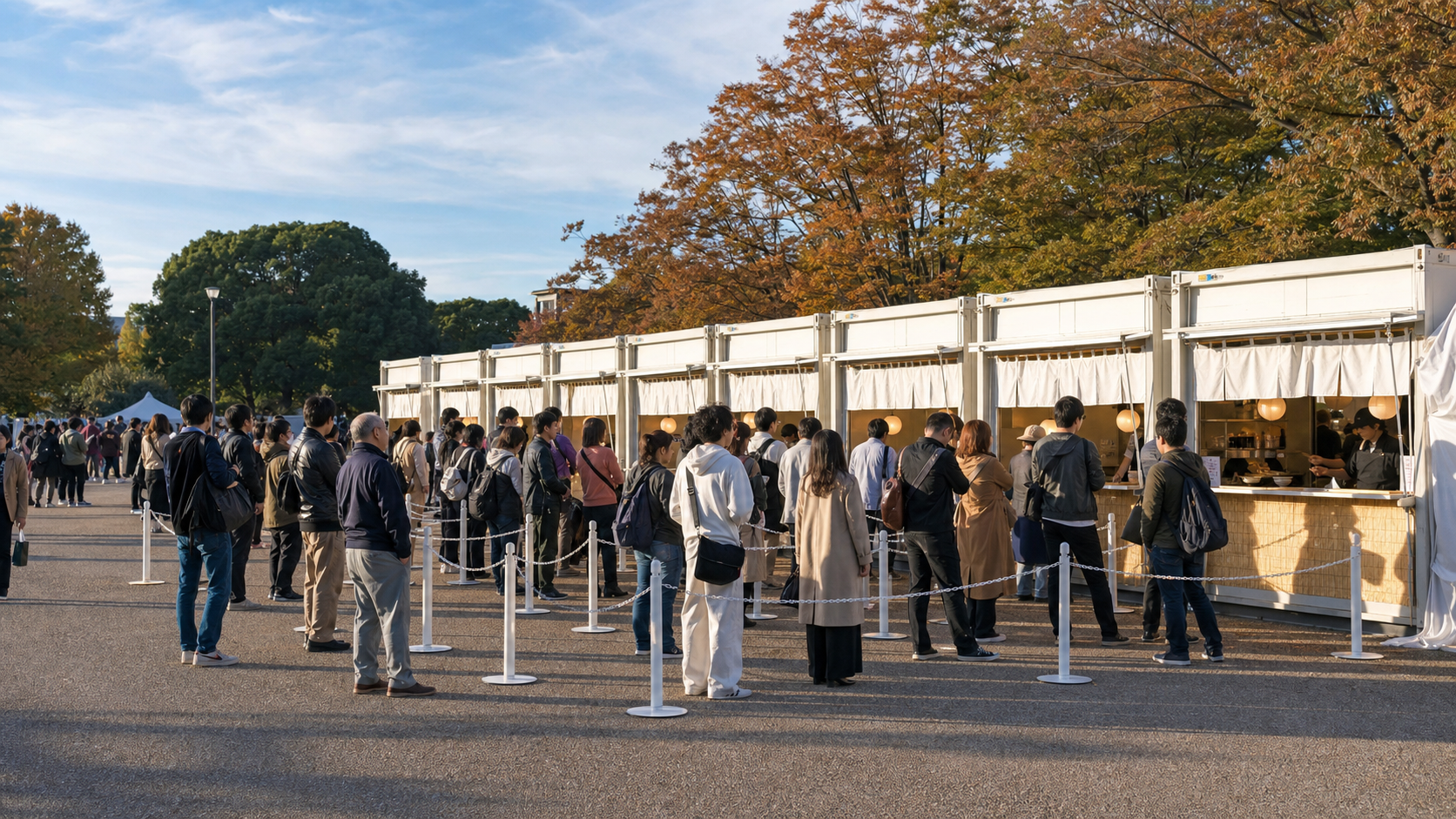 Orderly lines at outdoor ramen booths in a Tokyo park